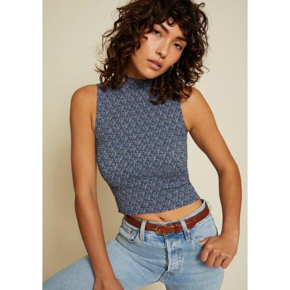 Nation Women's Blue Bibi Smocked Mock Neck Cropped Tank Wildflower Size Medium - Picture 1 of 6